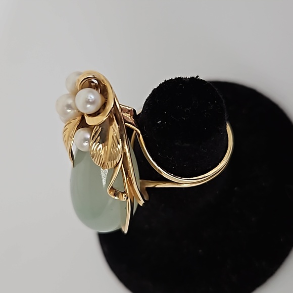 Vintage 14k Ming's Jadeite/Pearl Ring - Picture 5 of 8